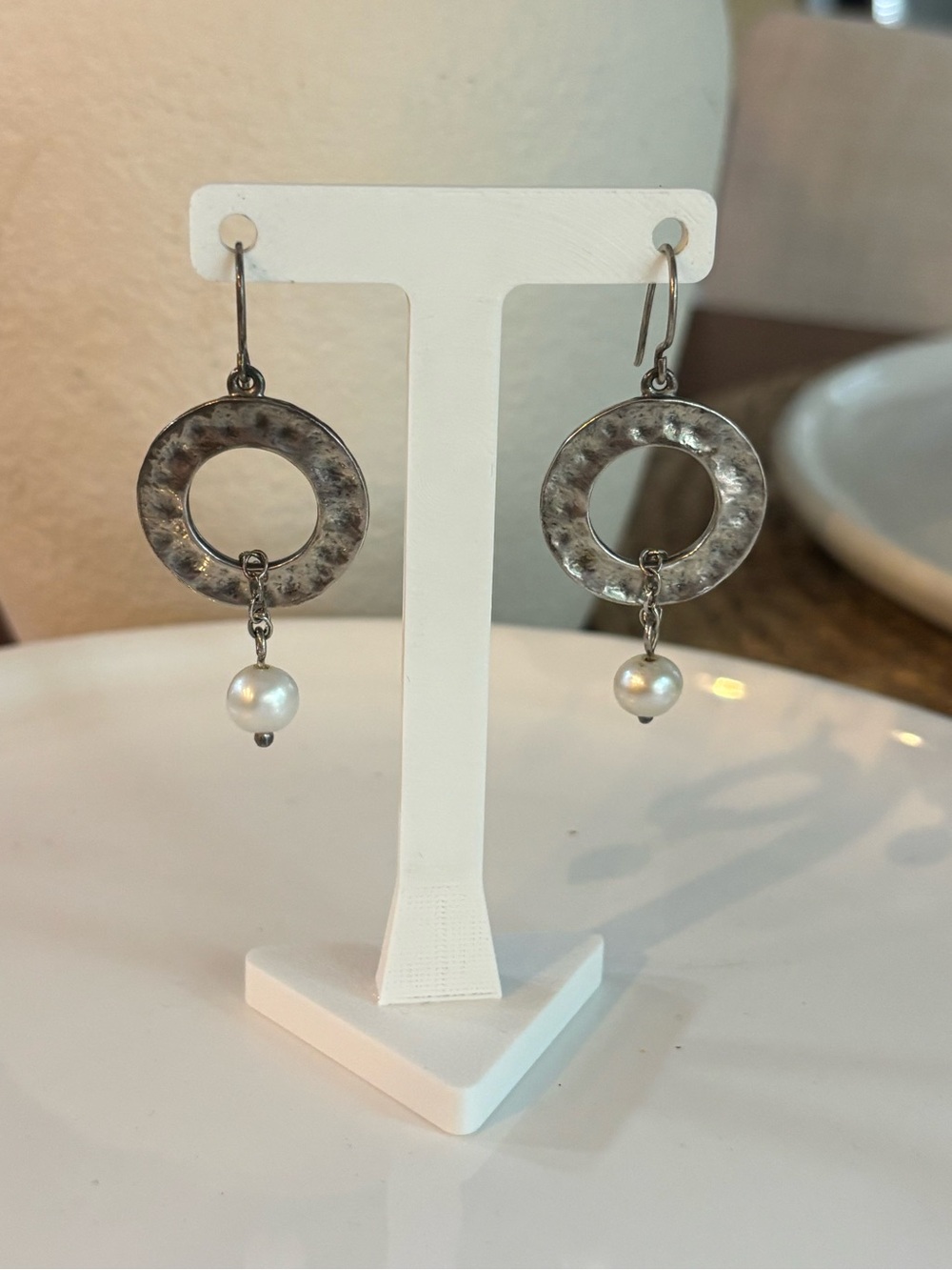 Vtg Shablool Didae Israel 925 Sterling Silver Hammer Circle Pearl Drop Earrings
